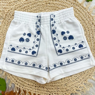 Conj Blusa Marinho e Short Branco Floral 